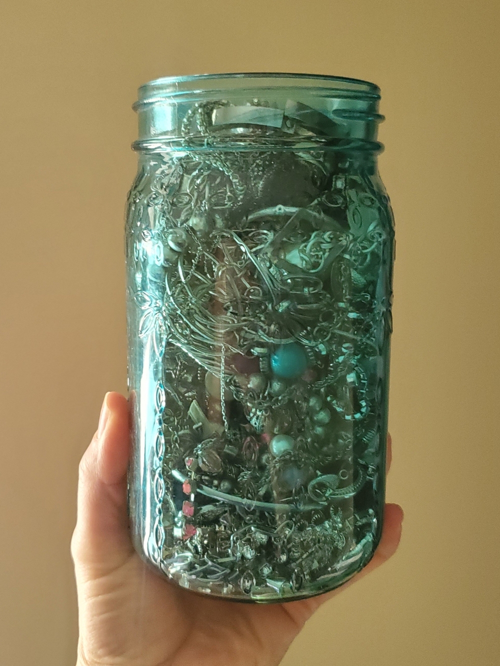 Mixed Craft Jewellery Lot In A Teal Blue Decorative Jar Silver Tone Mostly